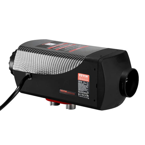 Hefty 8KW Diesel Air Heater 12 Volt Rig Setup With Handy Remote And Lcd Panel Integrated Ultra Quiet Muffler side view with connect ports.