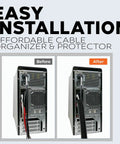 Before and after installation of 3-Pack Split Wire Loom Tubing Kit, 1/4in, 1/2in, and 3/4in Convoluted Tubing on PC cables.
