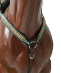 Western Horse Headstall And Breast Collar Tack Set Crafted From Genuine Argentina Cowhide Leather With Geometric Tooling showing turquoise trim and steel rings.