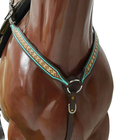 Western Horse Headstall And Breast Collar Tack Set Crafted From Genuine Argentina Cowhide Leather With Geometric Tooling showing turquoise trim and steel rings.