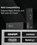 Smart UPS 150W LiFePO4 Battery Backup For NAS And Mini PC With Remote App Control 57.6Wh Long Lifespan 3000 Plus Cycles Safe Power Protector For Synology QNAP TerraMaster Ugreen And More displayed on table with compatibility logos.