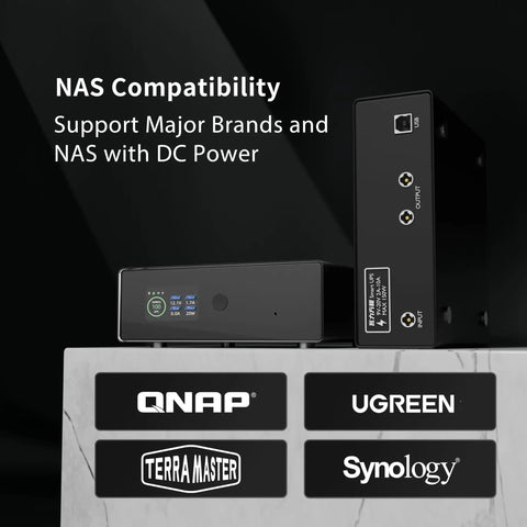 Smart UPS 150W LiFePO4 Battery Backup For NAS And Mini PC With Remote App Control 57.6Wh Long Lifespan 3000 Plus Cycles Safe Power Protector For Synology QNAP TerraMaster Ugreen And More displayed on table with compatibility logos.