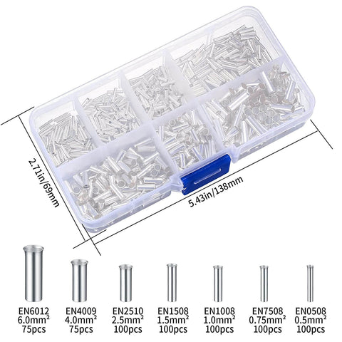 650 Piece Wire Ferrule Kit With Tinned Copper Crimp Connectors Seven Sizes 0.5 0.75 1.0 1.5 2.5 4.0 6.0 mm2 Box