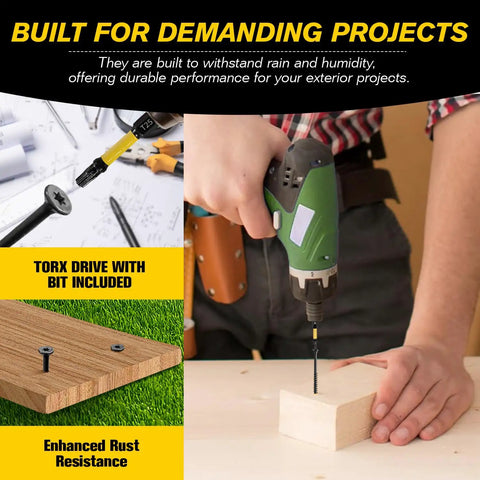Using a drill with 10 By 3 Inch Black Star Drive Wood Screws Set Self Tapping Deck Screws 110 Pieces with Free T25 Bit