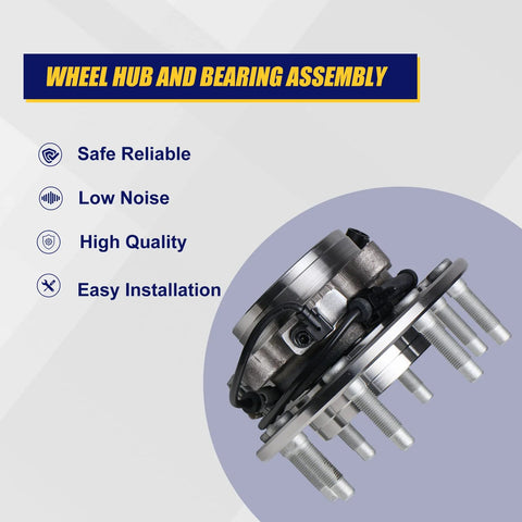 Beefed Up Front Wheel Bearing And Hub Assembly For Chevy Silverado 2500 3500 4WD GMC Sierra 1500 2500 Yukon XL 99 07 And Hummer H2 2003 2007 With 8 Lug Bolts And ABS Ready Replacement, product shown with features highlighted.