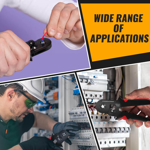 Pro Grade No-Fuss Self-Adjusting Wire Ferrule Crimp Tool Kit in use for wiring applications, showing ratchet pliers at work.