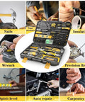 158-Piece Socket Wrench Auto Repair Tool Set With Toolbox Storage Case displayed with various tool uses like nails, spirit level, and carpentry.
