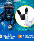 Diver underwater with soft silicone snorkel mouthpiece replacement for scuba regulators, ultra comfortable, non-toxic, odorless, black.