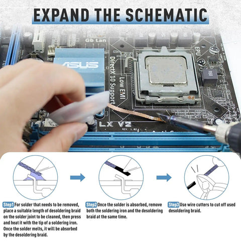 3 In 1 Solder Wick Braid With Flux For Desoldering No Clean Wick Copper Braided For Electronics Repair demonstration on PCB
