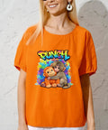 Woman wearing orange t-shirt with Six Pack Monkey Punch DTF Transfers For Tees Dope Heat Press Stickers 7x7 Inches Washable Iron On Vinyl Decals