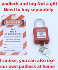 Red lockout padlock and 'Do Not Operate' safety tag with key for industrial use. Padlock and tag sold separately.
