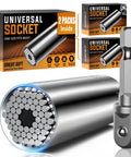 Two Pack Universal Socket Tool Set With Power Drill Adapter displayed with gift boxes and chrome vanadium sockets.