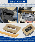 Tan Rear Power Window Switch Trim Replacement Cap Cover No Fuss 2 Pcs Fits Escalade Avalanche Silverado Tahoe Suburban Sierra Yukon 2000 To 2002 Driver And Passenger Side No Window Switch Included With Removal Tool displayed with installation process and removal tool.