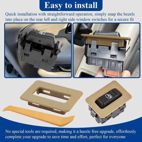 Tan Rear Power Window Switch Trim Replacement Cap Cover No Fuss 2 Pcs Fits Escalade Avalanche Silverado Tahoe Suburban Sierra Yukon 2000 To 2002 Driver And Passenger Side No Window Switch Included With Removal Tool displayed with installation process and removal tool.