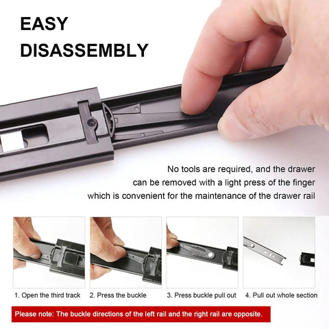 Easy disassembly of Top Shelf Heavy Duty Full Extension Drawer Slides With Dual Ball Bearings demonstrating finger press removal.