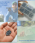 120Pcs 200Pcs Fishing Weights Sinkers Premium Split Shot Round Removable Sinkers For Freshwater And Saltwater Fishing Set In Five And Six Size Options Durable Lead Core displayed in a hand and plastic container