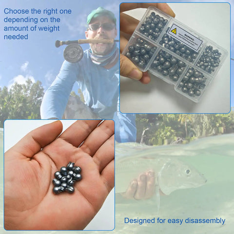 120Pcs 200Pcs Fishing Weights Sinkers Premium Split Shot Round Removable Sinkers For Freshwater And Saltwater Fishing Set In Five And Six Size Options Durable Lead Core displayed in a hand and plastic container