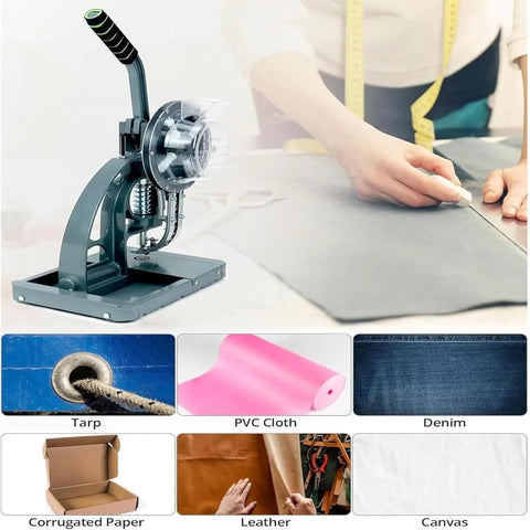 Game Changing Semi Auto Eyelet Press For Tough Canvas And Banners That Quickly Swaps 10 Mm Grommets With Zero Sweat And Handles Massive Daily Loads Like A Champ For Any Local Maker Shop in use with denim and tarp.