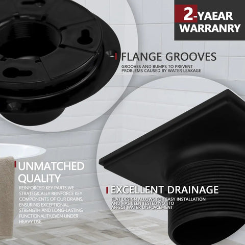 Close-up of the Matte Black 4 Inch Square Shower Drain With ABS Flange For 2 Or 3 Inch Pipe showing flange grooves and drainage.