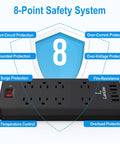 Eight Outlet Power Strip With Five USB Ports Including USB C, Six Foot Flat Plug Surge Protector, 8-point safety features