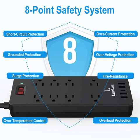 Eight Outlet Power Strip With Five USB Ports Including USB C, Six Foot Flat Plug Surge Protector, 8-point safety features