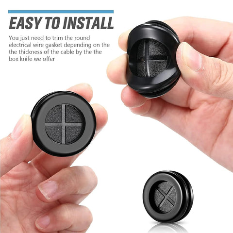 Round Rubber Grommet Kit 52 Pieces In 7 Sizes Black Double Sided Firewall Gasket shown in hand with cross-section detail