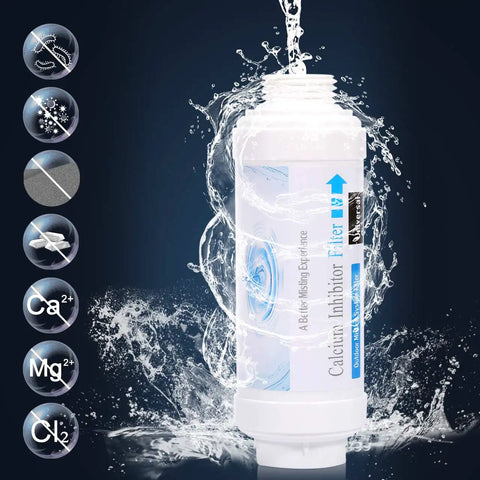 Outdoor Misting Filter With Calcium Inhibitor Keeps Nozzles From Clogging For Garden Patio Mister, white cylindrical filter shown