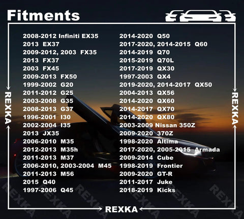 Fitment chart for 40 Piece Fender Liner Splash Shield Push Pin Clips Fit Nissan 370Z Altima Maxima and more.