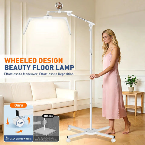 Woman standing next to Lash Light Half Moon Magnifying Desk Lamp With 10X Optical Glass, demonstrating wheeled floor lamp design.
