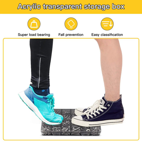 Two people standing on an acrylic transparent storage box demonstrating load-bearing capacity