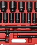Heavy Duty 3/4 Inch Drive Impact Socket Set, 21 Piece Deep Socket Assortment in red case, includes ratchet wrench and bars
