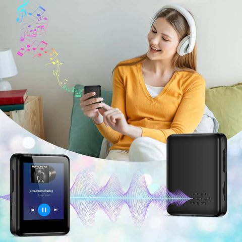 Woman using Bluetooth 5.2 MP3 Player With 32GB Built In, Dope Portable Mini Music Player With 1.8 Inch Screen, FM Radio, Recorder, Expandable Up To 512GB, Black Great For Headphones