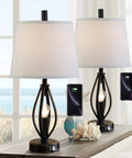 Set Of 2 Modern Farmhouse Table Lamps With USB Ports And Night Light Industrial Open Column Bedside Lamps For Bedroom And Living Room 22 Inch White Fabric Shade Plug In Edison LED Bulbs Included