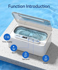 47KHz Ultrasonic Jewelry Cleaner With Three Cleaning Modes 12 Oz Stainless Steel Tank open showing water and control settings