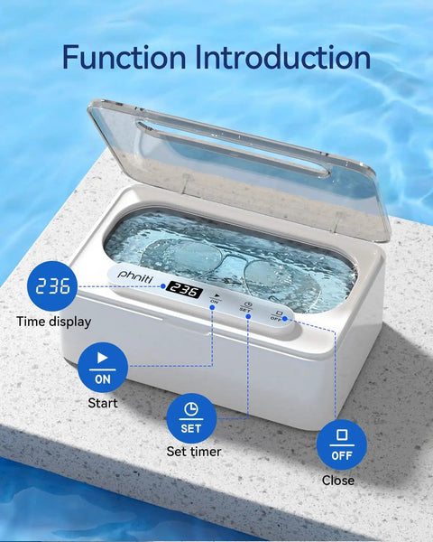 47KHz Ultrasonic Jewelry Cleaner With Three Cleaning Modes 12 Oz Stainless Steel Tank open showing water and control settings