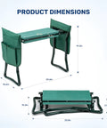 Foldable Garden Kneeler And Seat With Soft EVA Foam Pad Heavy Duty Steel Frame Portable Kneeling Bench For Gardening Camping And Fishing Includes Two Tool Pouches Green, showing dimensions.
