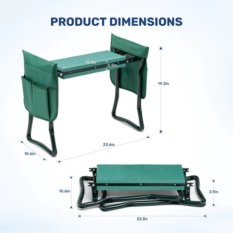 Garden Kneeler And Seat Foldable Bench With Heavy Duty Steel Frame Soft EVA Foam Pad Supports Up To 330 Lb Two Tool Pouches Included A Real Workhorse For Gardening Fishing Camping And Outdoor Projects In Green with product dimensions shown.