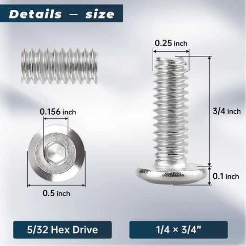 1/4 20 X 3/4 Inch Tough As Nails Furniture Connector Bolts And Barrel Nuts Kit showing detailed measurements of bolts.