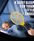 Hand holding a 4 Pack Electric Fly Zapper Racket Handheld Bug Swatter near a sleeping baby in a crib, soft blue bedding visible.