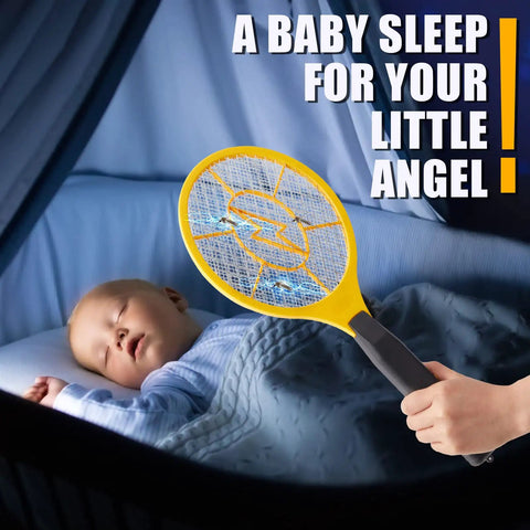 Hand holding a 4 Pack Electric Fly Zapper Racket Handheld Bug Swatter near a sleeping baby in a crib, soft blue bedding visible.