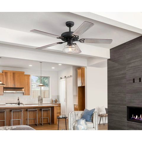 Vintage Style LED Ceiling Fan With Light, 52 Inch Matte Black Ceiling Fan With Clear Glass Schoolhouse Shade in modern room