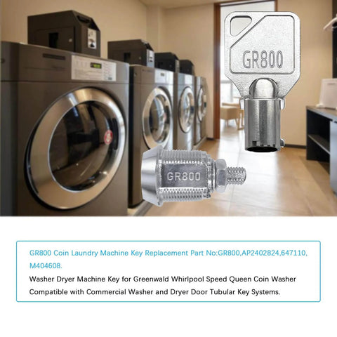 GR800 coin laundry machine key with Greenwald Speed Queen commercial machines in background.