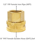 Swivel Garden Hose Adapter Three Quarter Inch FHT To One Half Inch FIP Brass Connector For Quick Fit Watering Pipe Thread To Garden Hose Threaded Adapter Durable Leak Free Fitting For Sprinklers And Hoses. Brass 3/4 FHT to 1/2 FIP swivel adapter