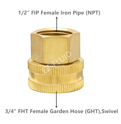 Swivel Garden Hose Adapter Three Quarter Inch FHT To One Half Inch FIP Brass Connector For Quick Fit Watering Pipe Thread To Garden Hose Threaded Adapter Durable Leak Free Fitting For Sprinklers And Hoses. Brass 3/4 FHT to 1/2 FIP swivel adapter