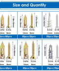 Diagram showing sizes and quantities in 480 Piece Drywall Anchors And Self Drilling Screws Kit For Hanging Frames Curtains Plants Clocks