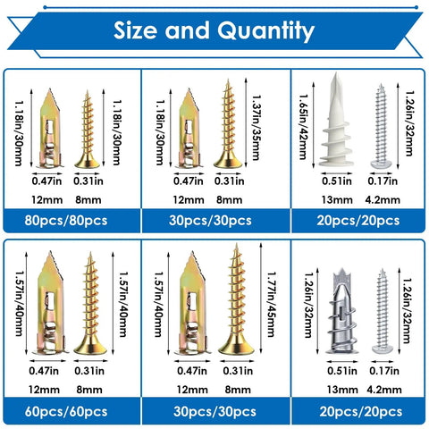 Diagram showing sizes and quantities in 480 Piece Drywall Anchors And Self Drilling Screws Kit For Hanging Frames Curtains Plants Clocks