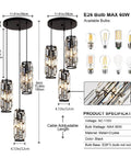 Diagram of Three Light Black Pendant Light Fixture With Crystal Beads For A Modern Kitchen Island Dining Room And Bedroom Upgrade Pendant Lighting Adjustable Ceiling Hanging Lamp For A Sleek Studio Vibe with dimensions and bulb specs