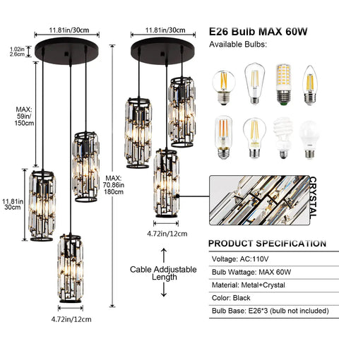Diagram of Three Light Black Pendant Light Fixture With Crystal Beads For A Modern Kitchen Island Dining Room And Bedroom Upgrade Pendant Lighting Adjustable Ceiling Hanging Lamp For A Sleek Studio Vibe with dimensions and bulb specs