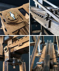 Mini Roman Ballista Siege Engine Kit for Tabletop Battles DIY Wooden Catapult Model 3D Puzzle STEM Project Medieval War Machinery for Kids and Adults Educational Fun and Hands On Building, close-up of wooden mechanism