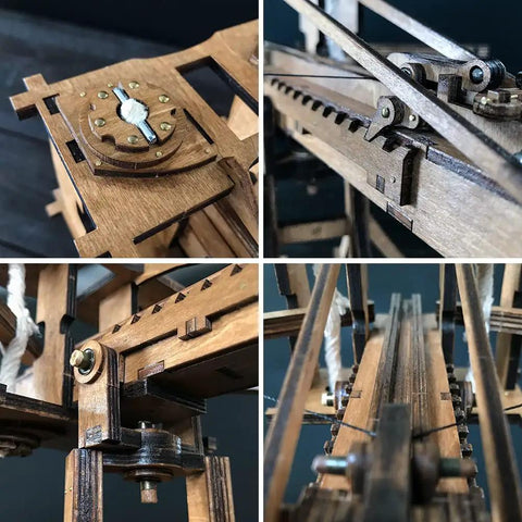 Mini Roman Ballista Siege Engine Kit for Tabletop Battles DIY Wooden Catapult Model 3D Puzzle STEM Project Medieval War Machinery for Kids and Adults Educational Fun and Hands On Building, close-up of wooden mechanism